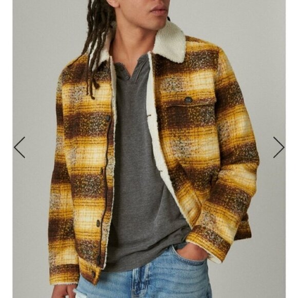 Lucky Brand Faux Shearling Lined Wool Plaid Trucker Jacket LARGE - Picture 1 of 4